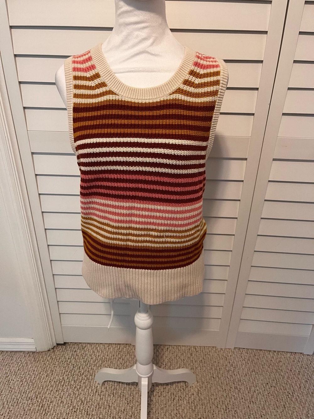 LOFT Women Small Striped Knit Sweater Vest Sleeveless Crew Boho Brown Fall Pink